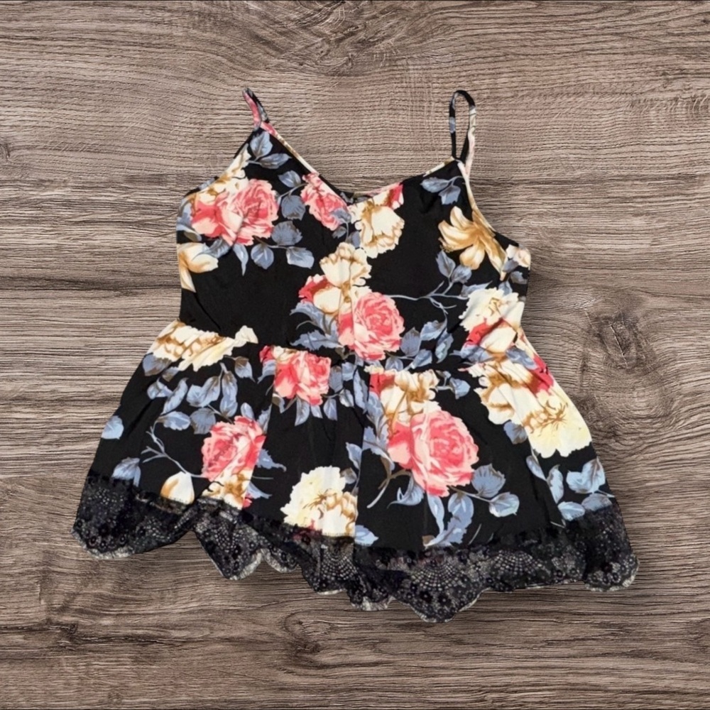 Black Cottagecore Whimsical Chic Floral Lace Trim Dressy Tank‎ Top